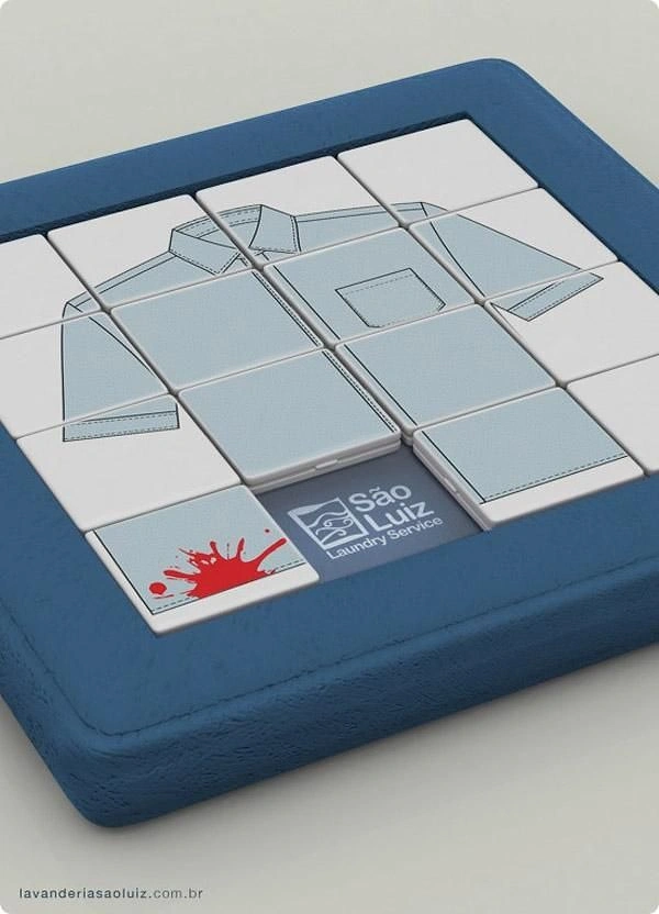 Laundry & Dry Cleaning creative ad: Shirt as sliding puzzle, stain tile