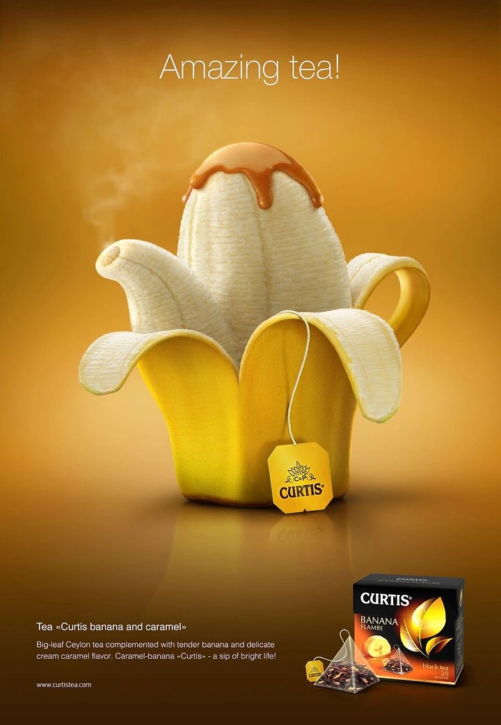 Tea & Chai Brands creative ad: Peeled banana sculpted into a teapot with caramel on top