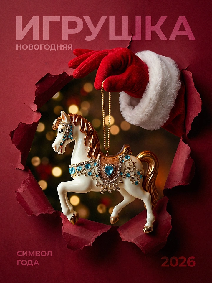 New Year creative ad: Santa's gloved hand dangling a jewelled horse ornament through torn paper