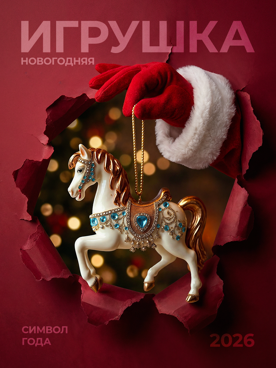New Year Instagram post: Santa's gloved hand dangling a jewelled horse ornament through torn paper