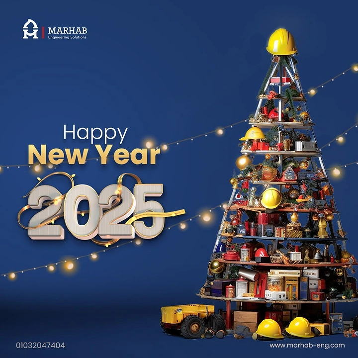 New Year creative ad: Christmas tree built from a ladder frame stacked with tools, hard hats and ornaments