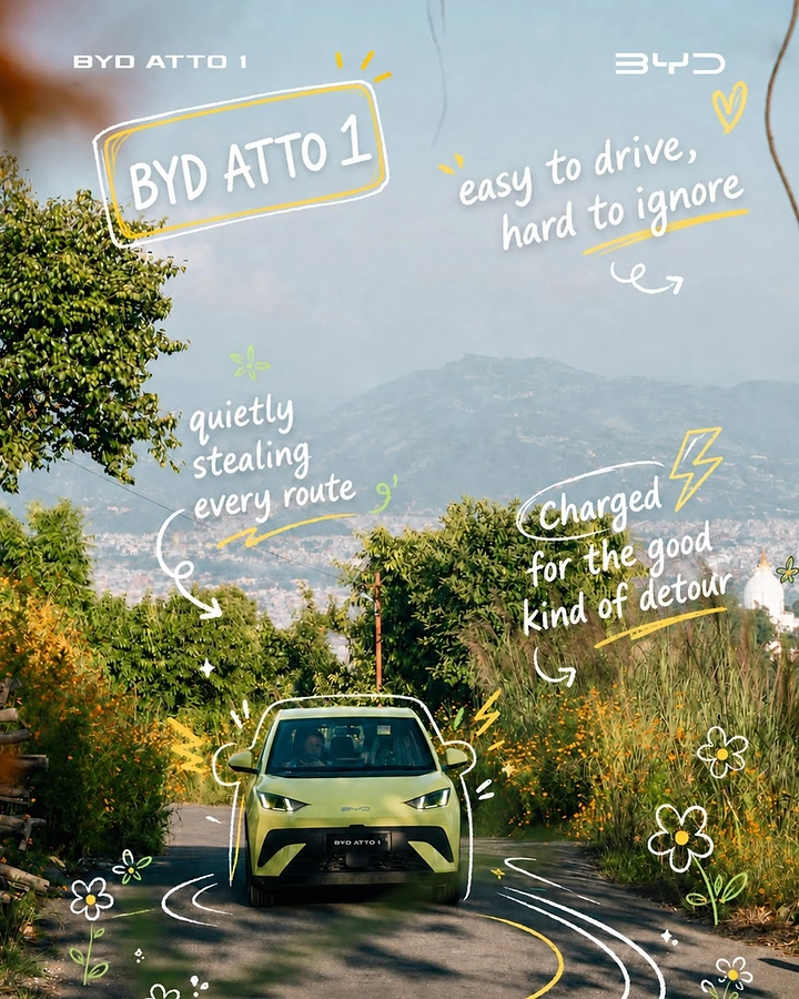Electric Vehicles creative ad: Lime-yellow compact EV driving down a leafy hill road