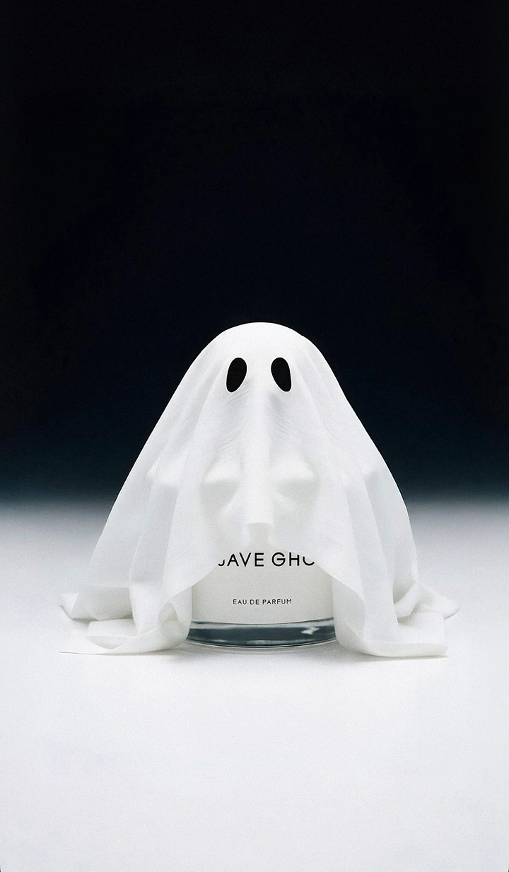 Halloween creative ad: Perfume bottle draped in a white sheet as a ghost