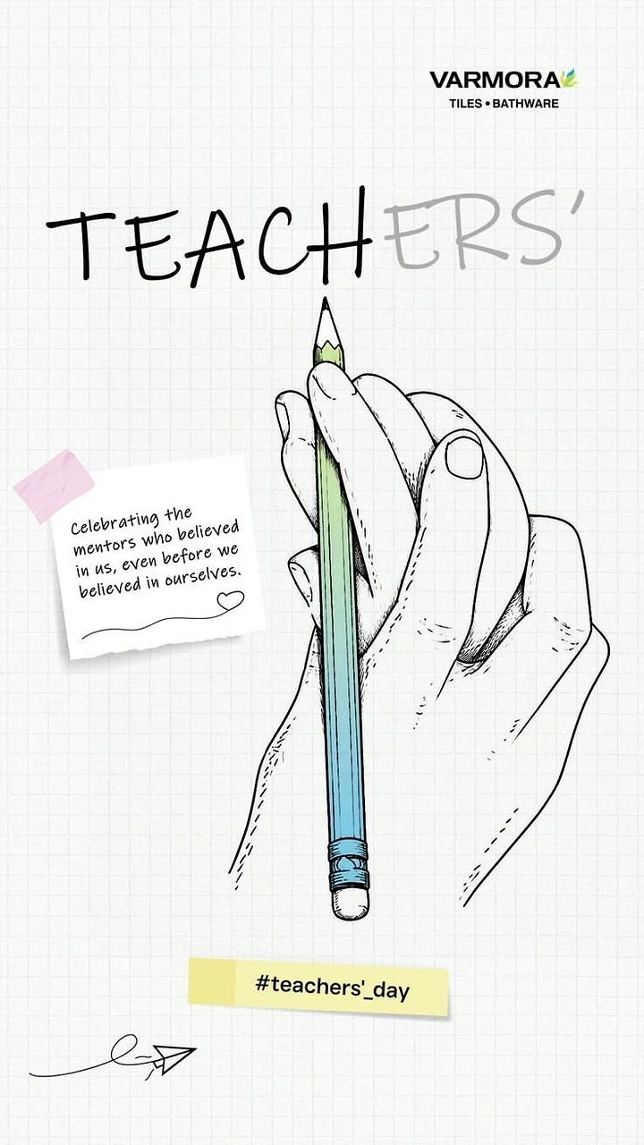 Teachers Day creative ad: Line-drawn hand holding a pencil that writes the headline