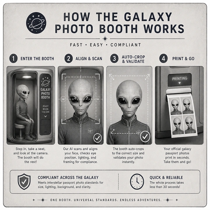Photo Booth Rentals creative ad: Galaxy alien theme explains booth workflow