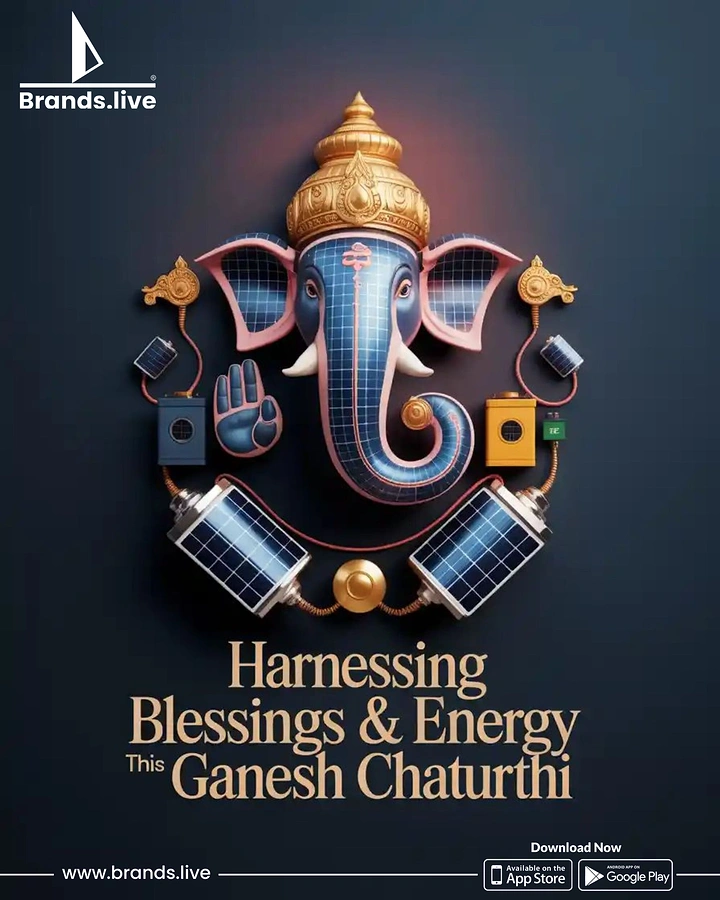 Ganesh Chaturthi creative ad: 3D Ganesha made of solar panels with a gold crown