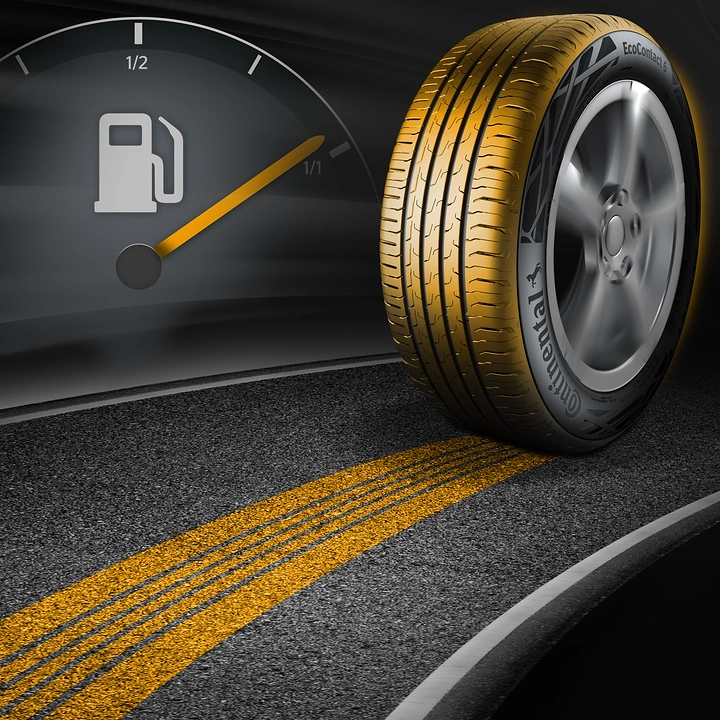 Tyres & Wheels creative ad: Yellow-lit tire leaving golden tread tracks beside a fuel gauge