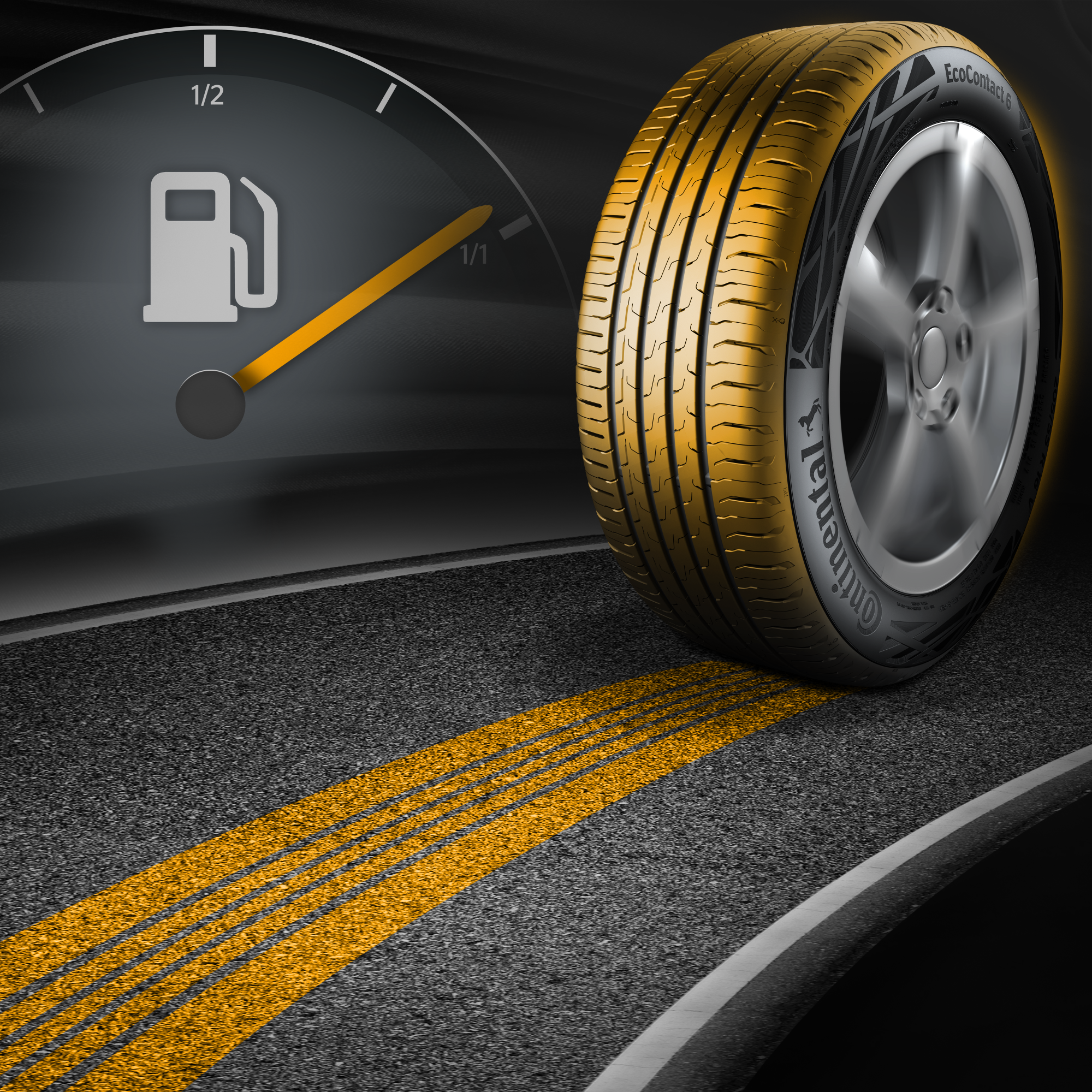 Instagram post: Yellow-lit tire leaving golden tread tracks beside a fuel gauge