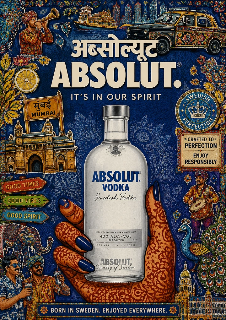 Creative ad: Henna-painted hand holding a vodka bottle amid Mumbai icons
