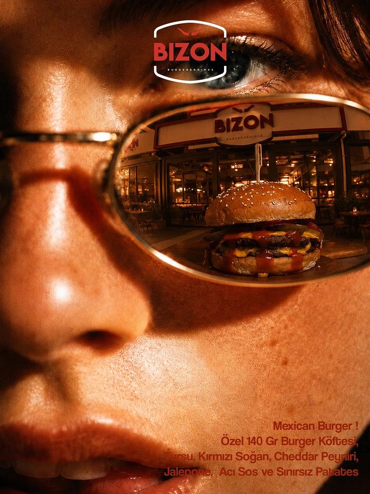 Restaurant & Cafe creative ad: Burger and restaurant storefront reflected in a sunglasses lens on a close-up face