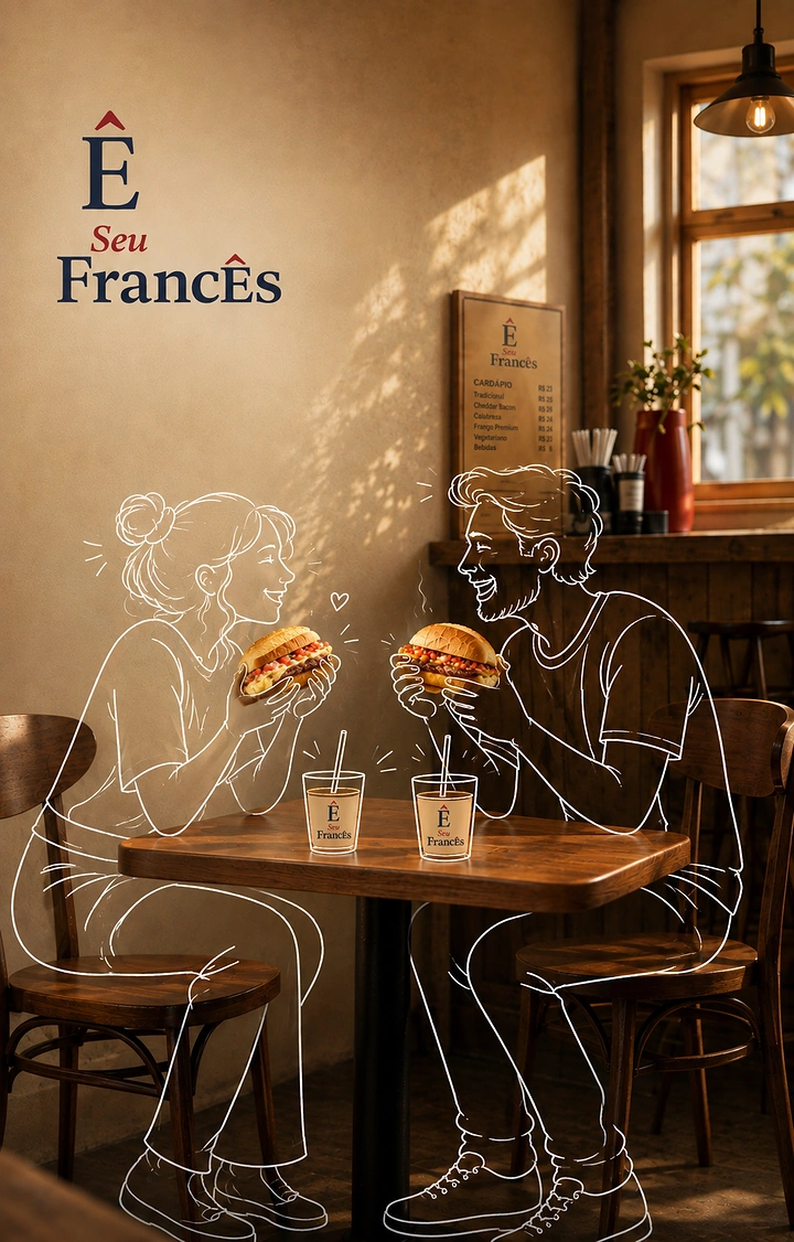 Coffee Shops creative ad: White line-drawn couple sharing real sandwiches at a sunlit café table