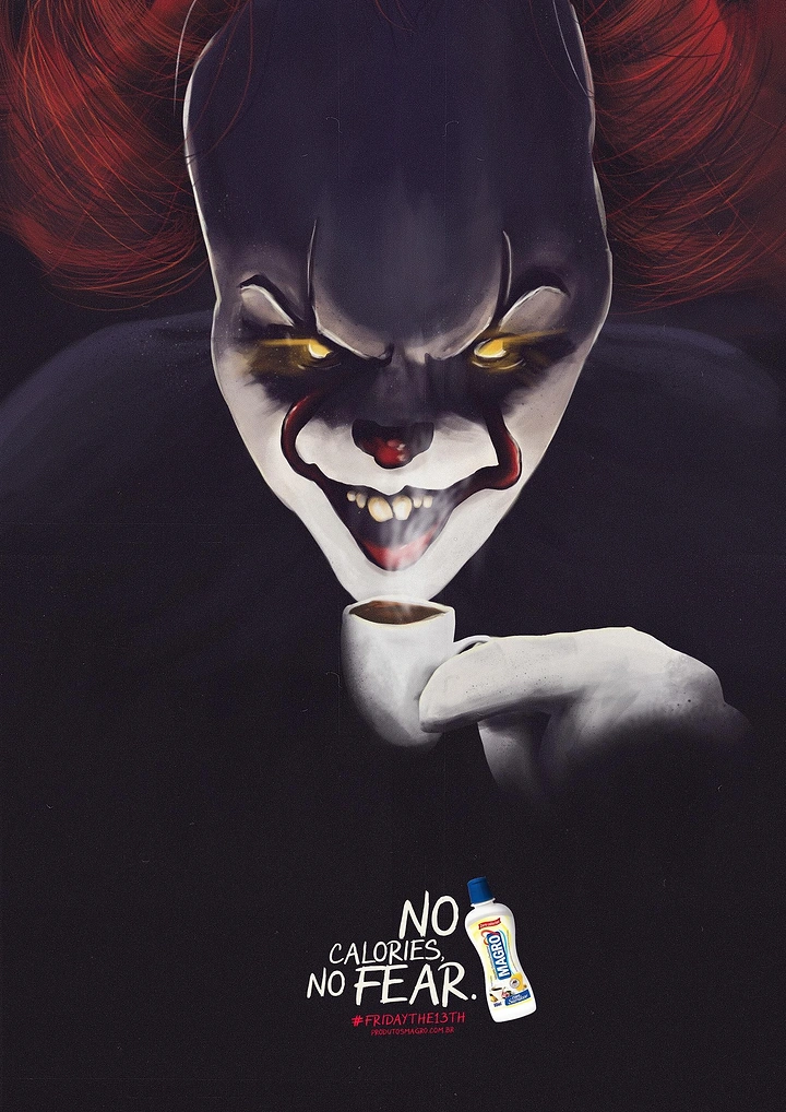 other-festival creative ad: Menacing painted clown with a sinister grin sipping from a small coffee cup