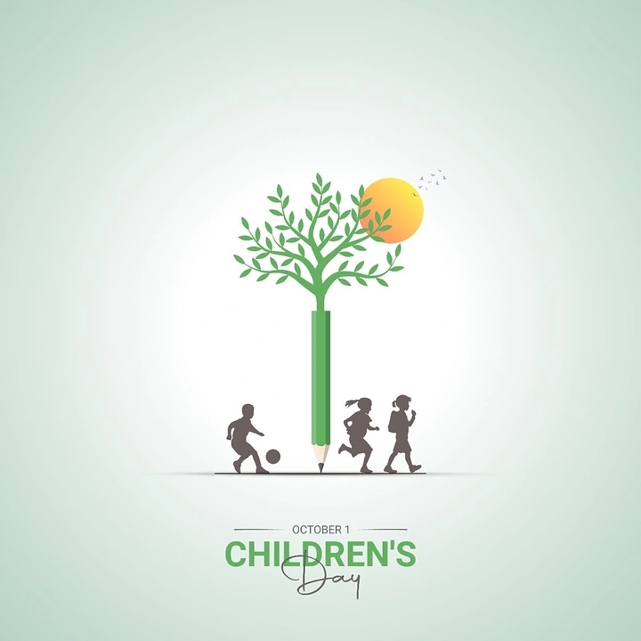 Children's Day creative ad: Green pencil growing into a leafy tree with running children