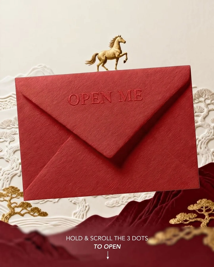 Lunar New Year creative ad: Red textured envelope with gold horse on top