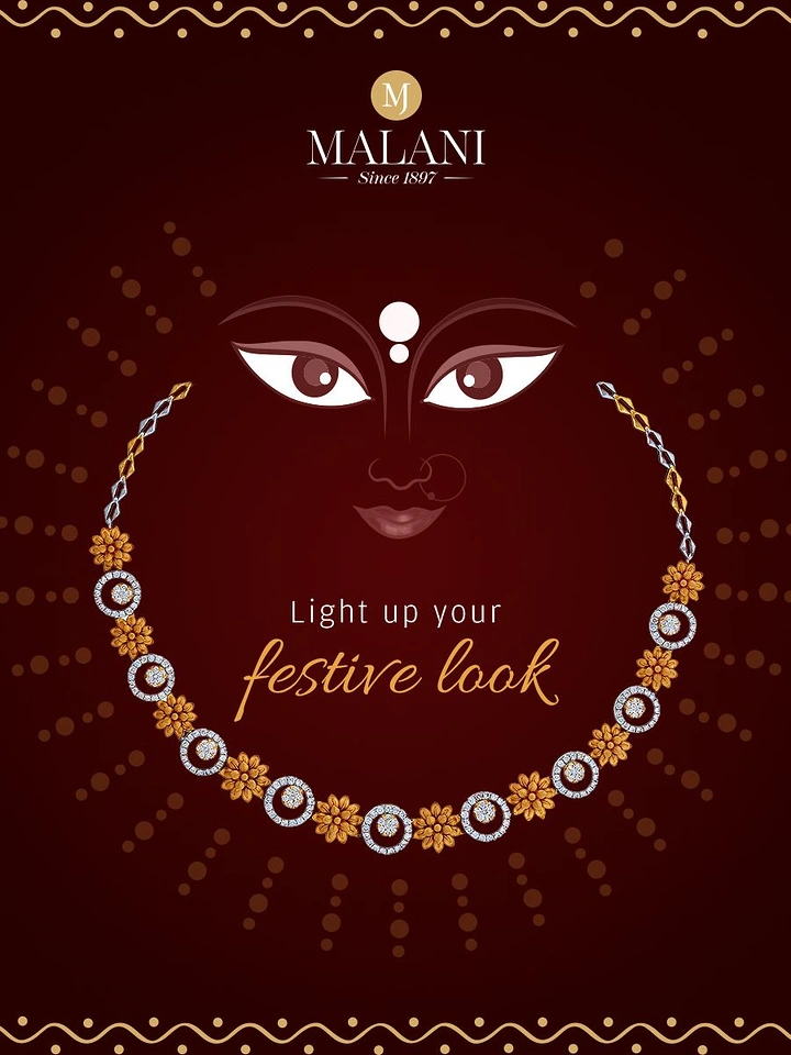Navratri creative ad: Diamond and gold necklace framing a stylised Durga face