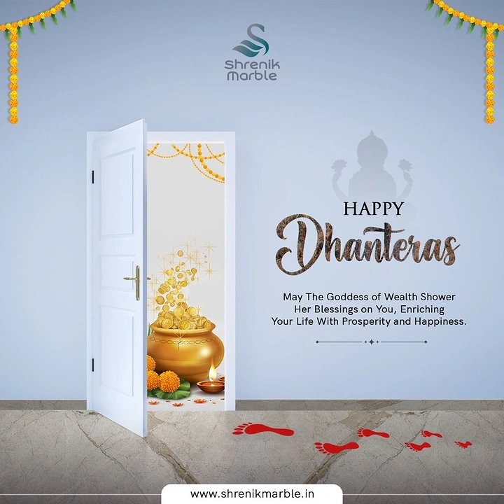 Dhanteras creative ad: Open white door revealing a gold coin pot, with red Lakshmi footprints on a marble floor