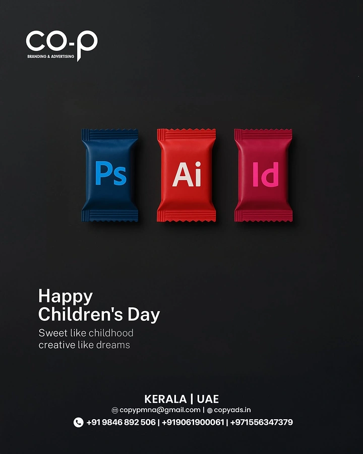 Children's Day creative ad: Three toffee wrappers styled as design-software icons