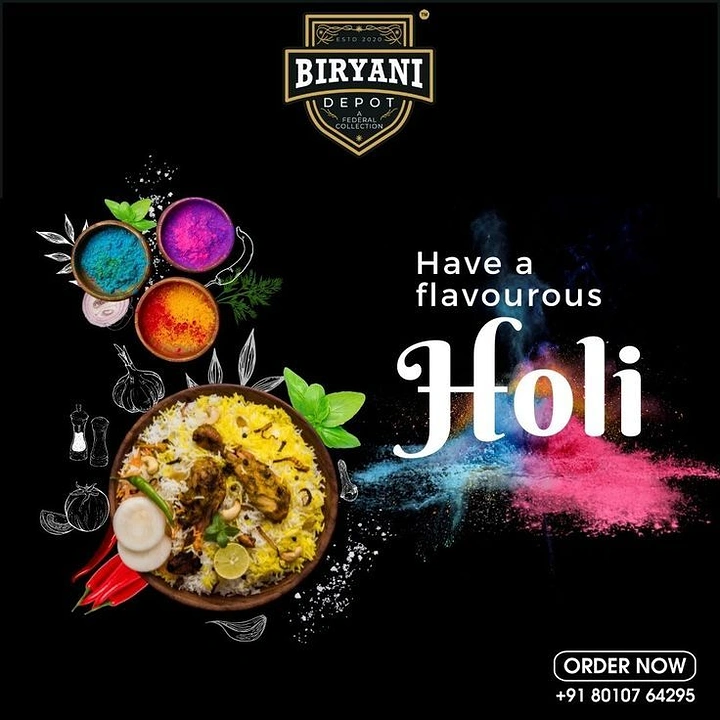 Holi creative ad: Top-down chicken biryani bowl with bowls of Holi colour powder