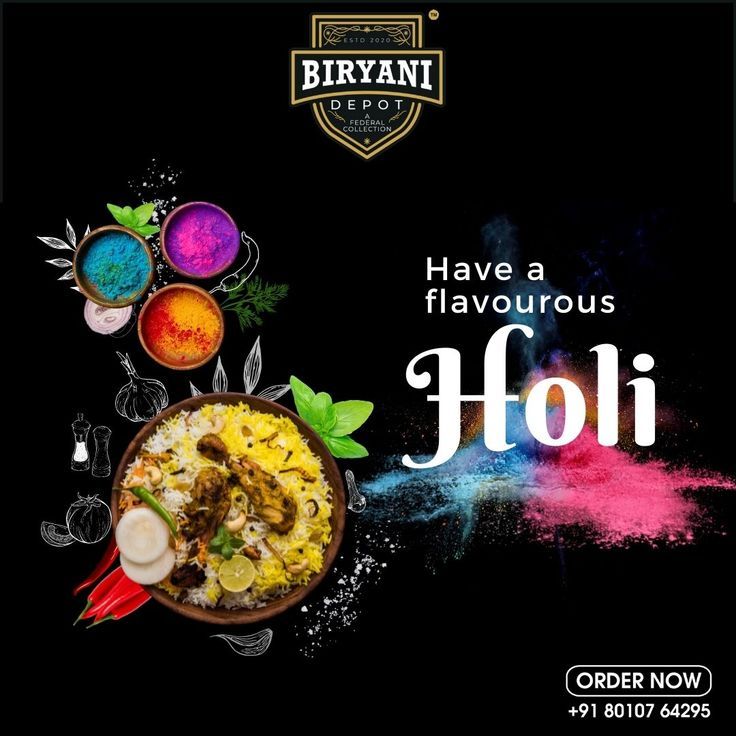 Holi Instagram post: Top-down chicken biryani bowl with bowls of Holi colour powder