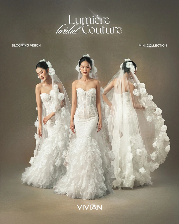 Bridal Wear & Wedding Dresses creative ad: Three bridal couture looks with sculptural floral veils