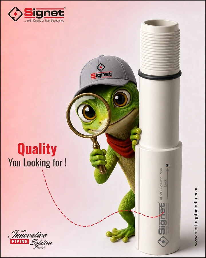 Plumbers creative ad: Chameleon with magnifier inspecting pipe quality