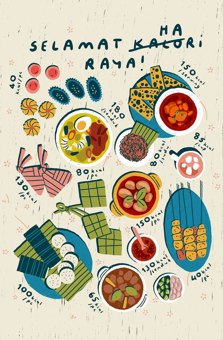 Eid creative ad: Flat-lay illustration of Hari Raya dishes with calorie labels