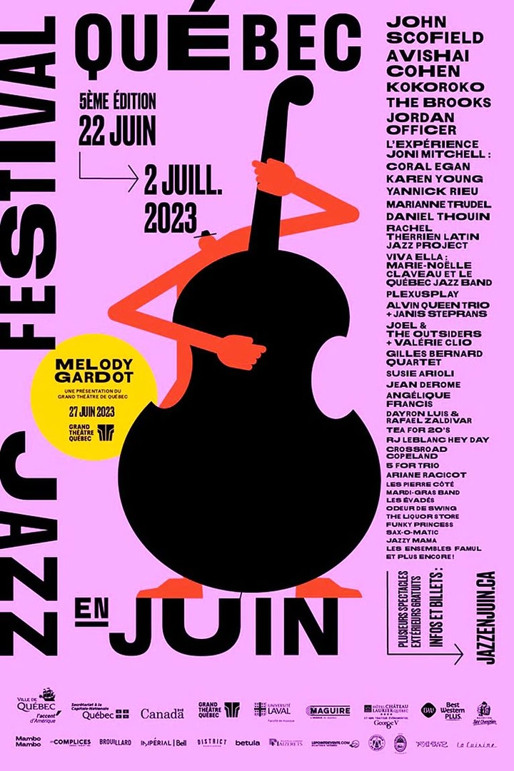 Creative ad: Orange stick-limbed character hugging a giant black double bass