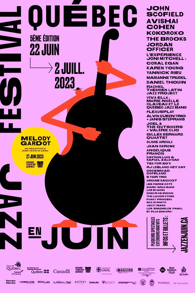 Poster: Orange stick-limbed character hugging a giant black double bass