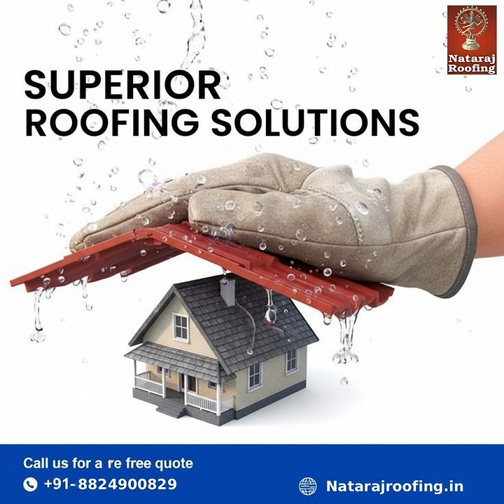 Roofing creative ad: Gloved hand shields house with roof panel