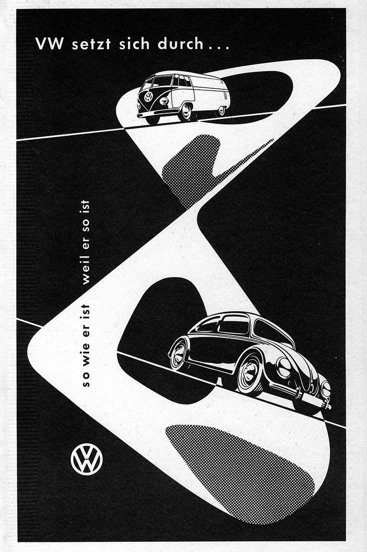 Automotive creative ad: Vintage van and beetle car on a looping white road
