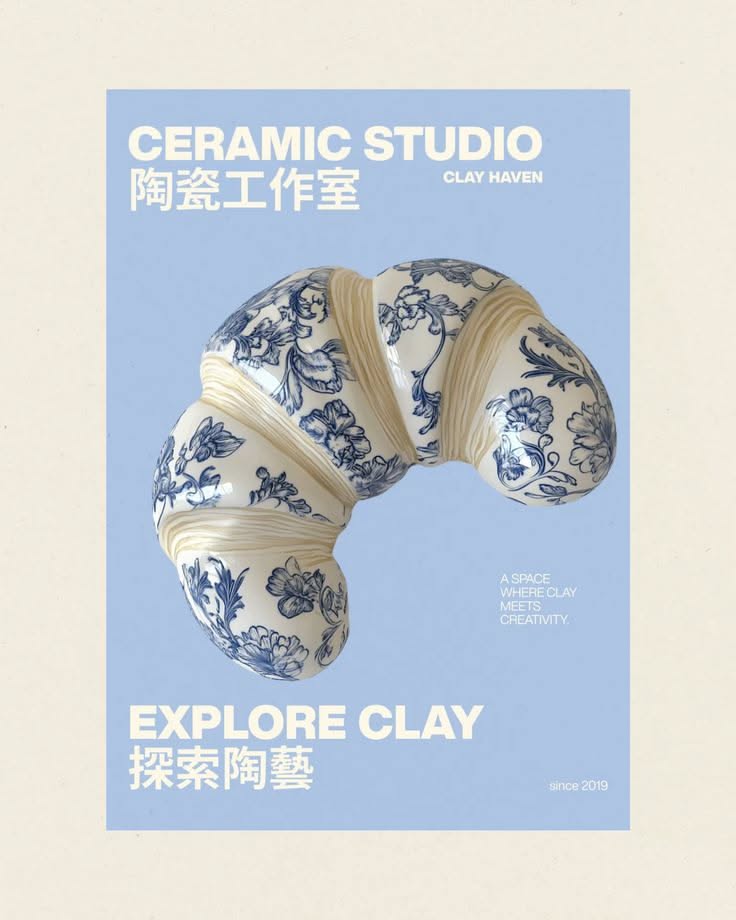 Poster: Ceramic croissant painted with blue-and-white porcelain florals