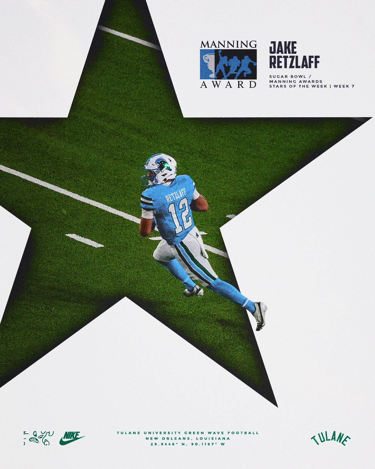 Instagram post: Football player running with ball seen from above inside a giant star cutout