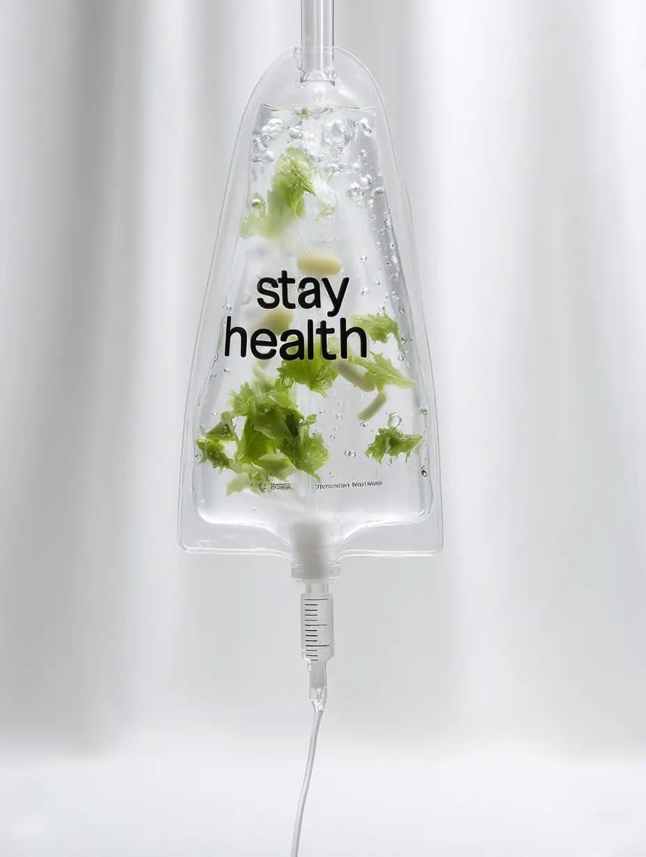 Carousel: Clear IV bag filled with water and greens, slide 4