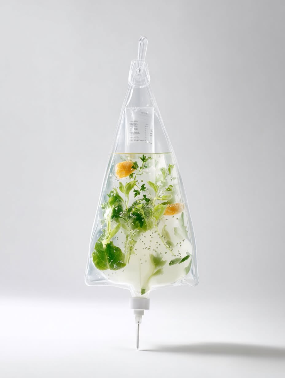 Carousel: Clear IV bag filled with water and greens, slide 12