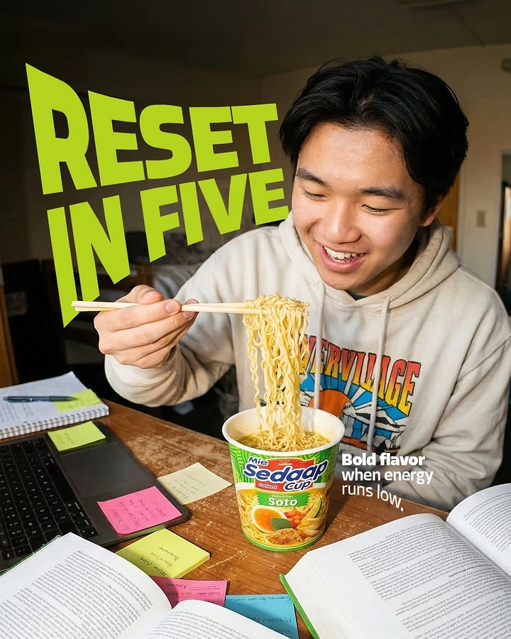 Instant Noodles & Pasta Brands creative ad: Study-break reset concept with bold copy