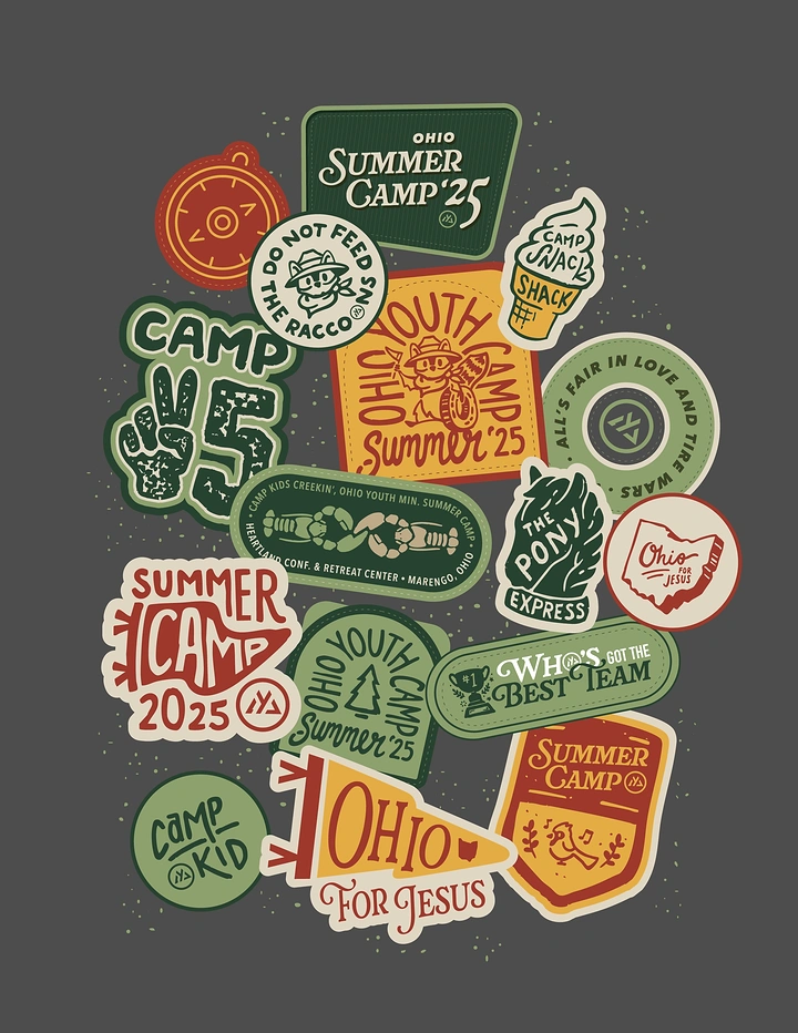 Summer Camps & Kids Activities creative ad: Sticker-badge collage turns camp into merch