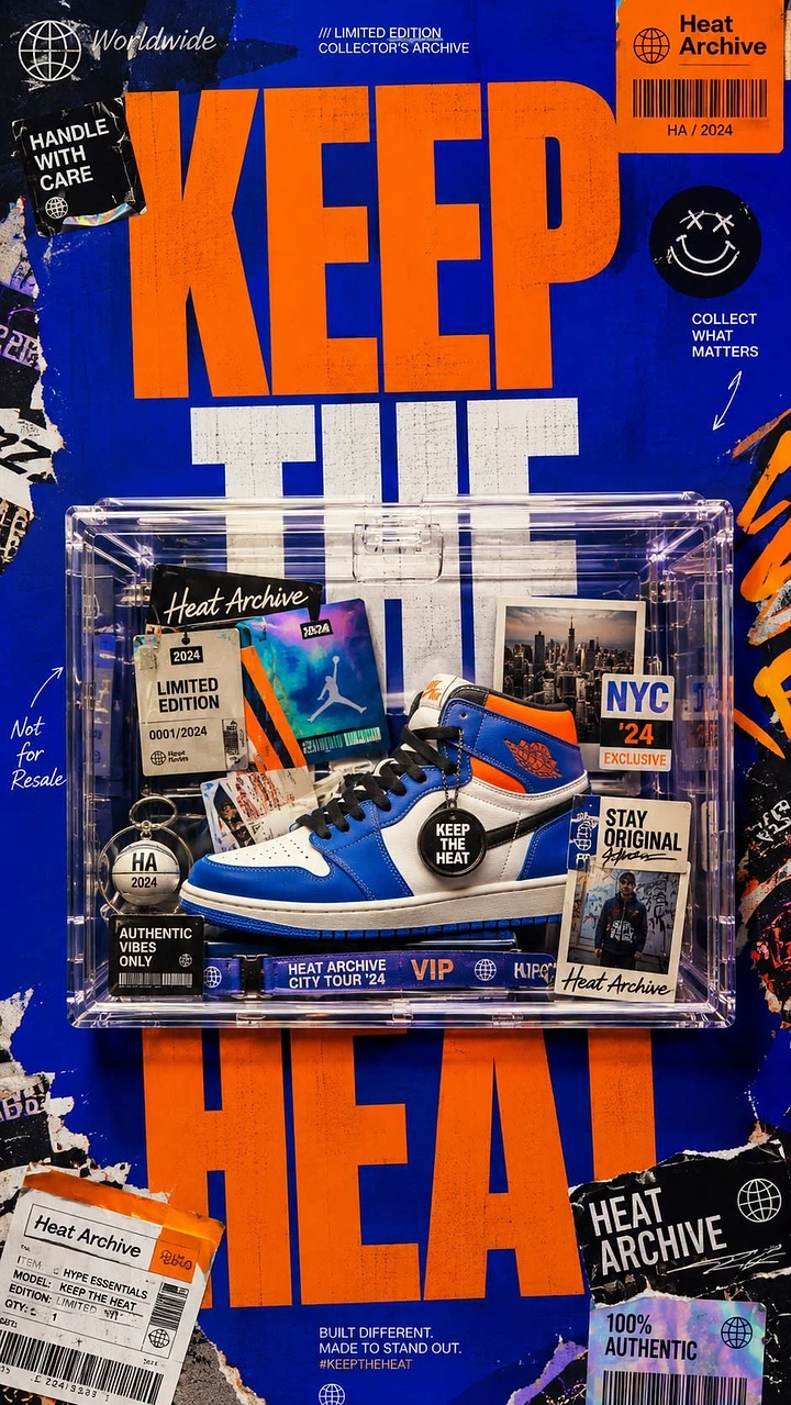 Streetwear creative ad: Blue-orange high-top sneaker in a clear acrylic display box with collectible tags