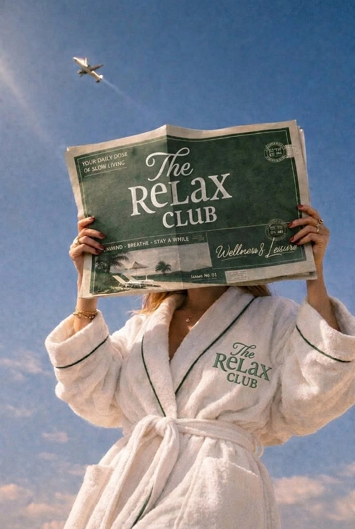 Spa & Massage creative ad: Woman in a branded robe hiding her face behind a branded newspaper