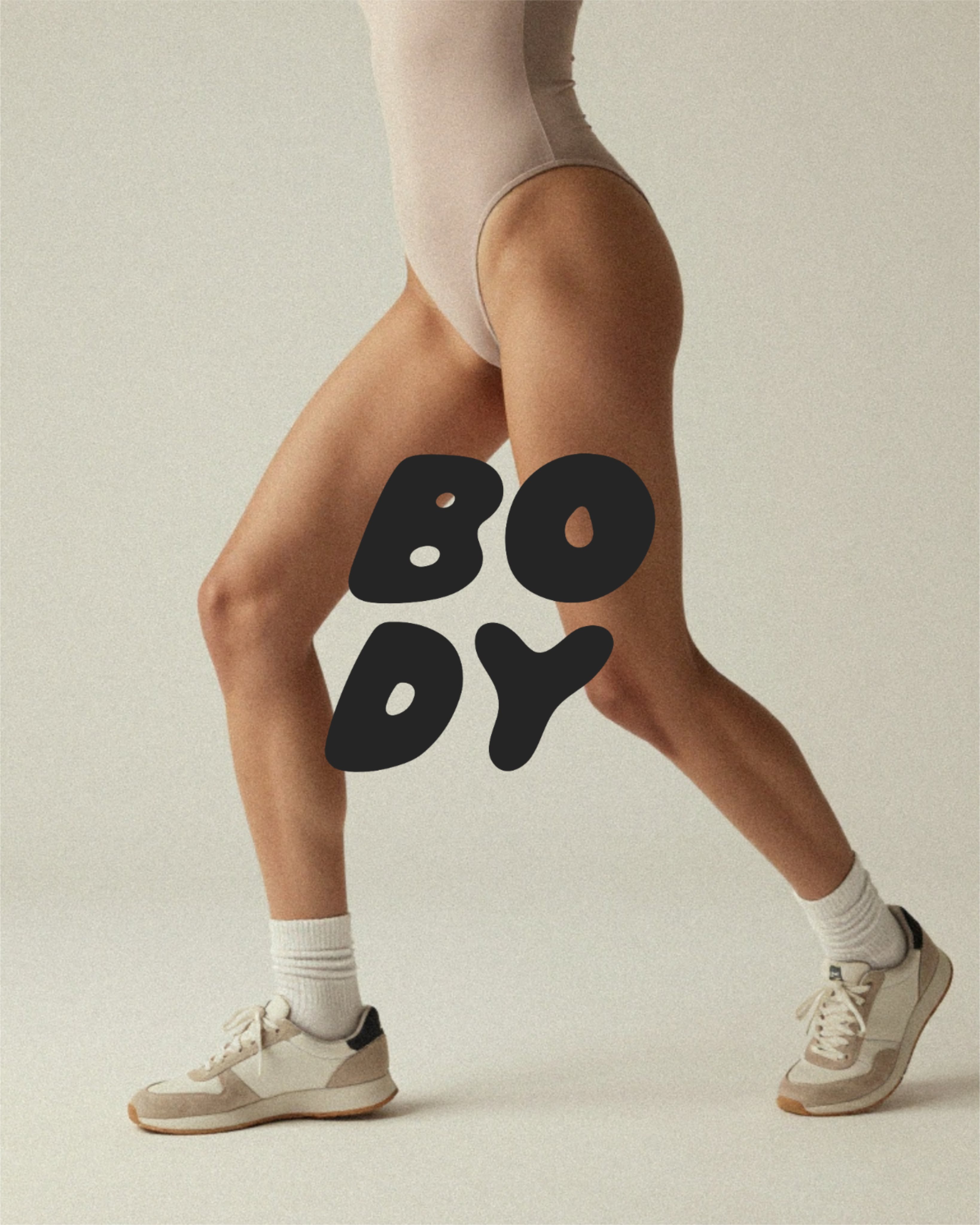 Instagram post: Cropped legs in a nude bodysuit and retro sneakers mid-stride