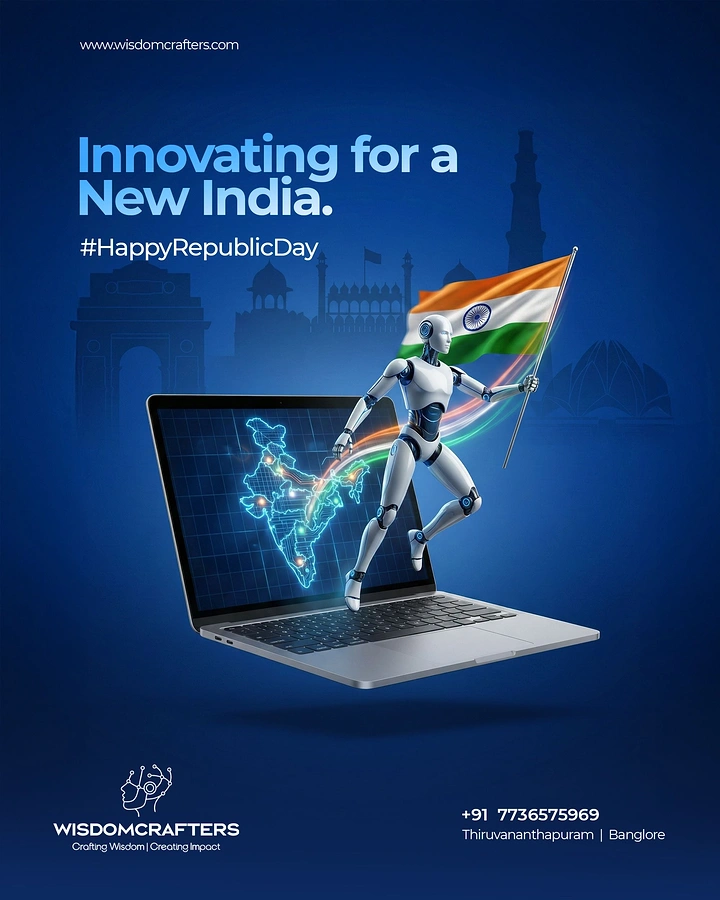 Republic Day creative ad: Robot holding Indian flag leaping from laptop