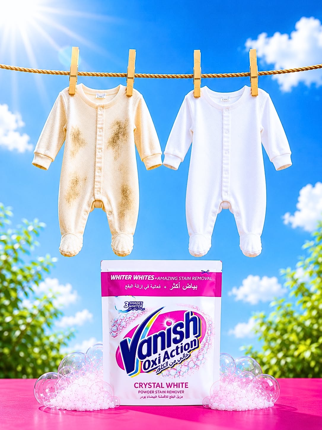 Instagram post: Stained vs white onesies on clothesline