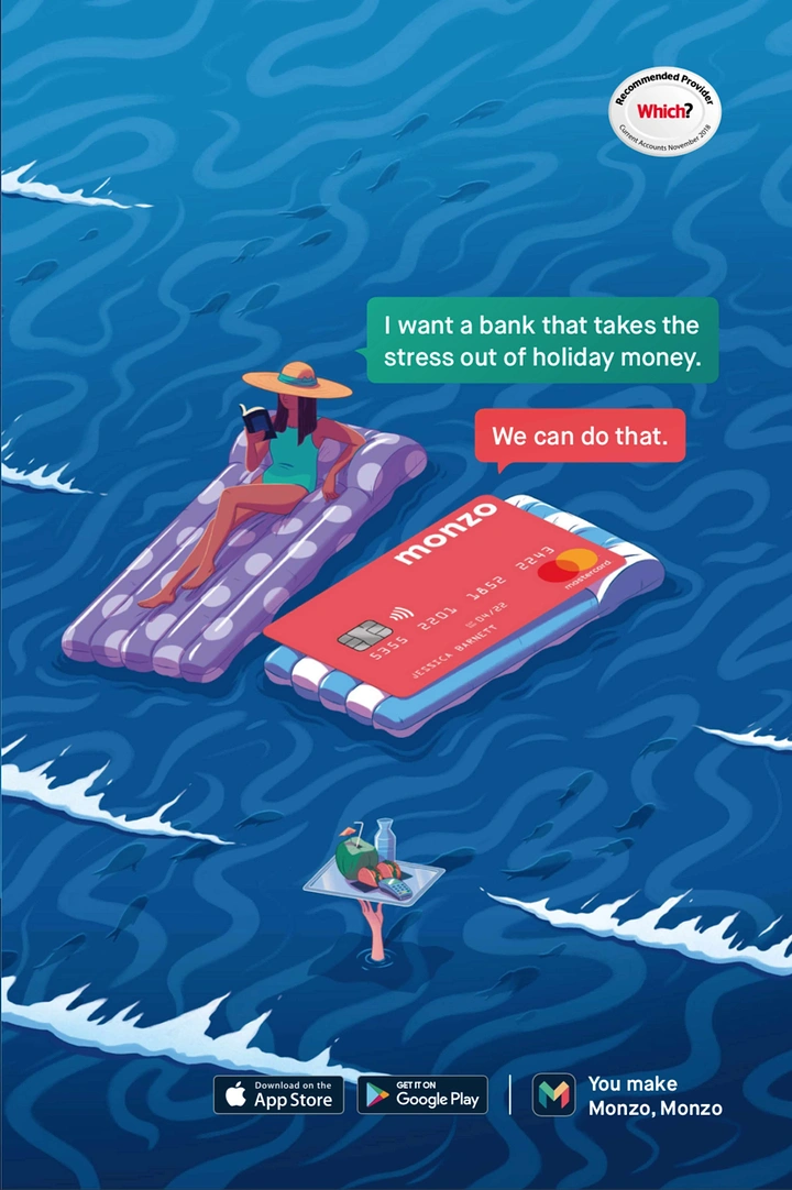 Finance & Banking creative ad: Woman on a pool float next to a card-shaped float at sea