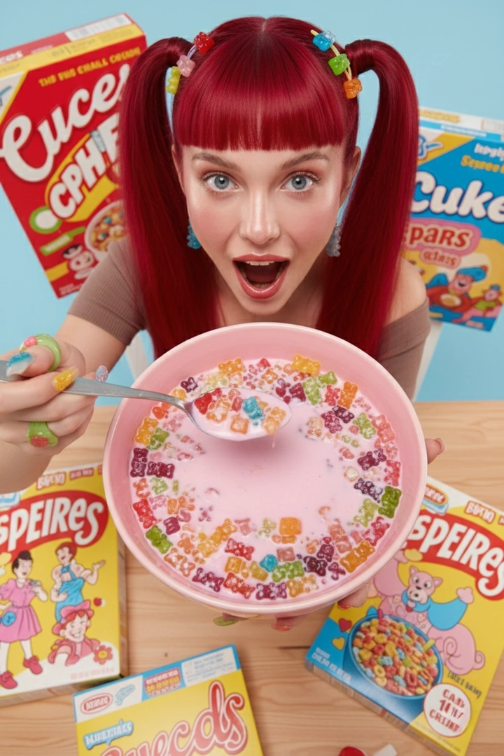 Breakfast Cereals & Oats creative ad: Cereal-world portrait with vivid product framing