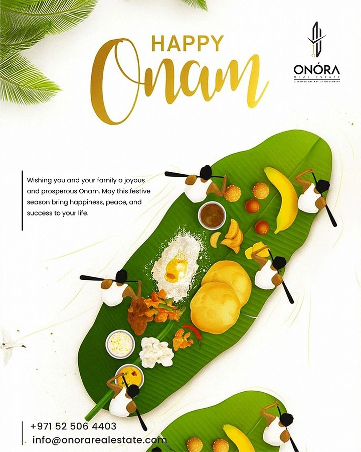 Onam creative ad: Banana leaf sadya as a snake boat with miniature rowers