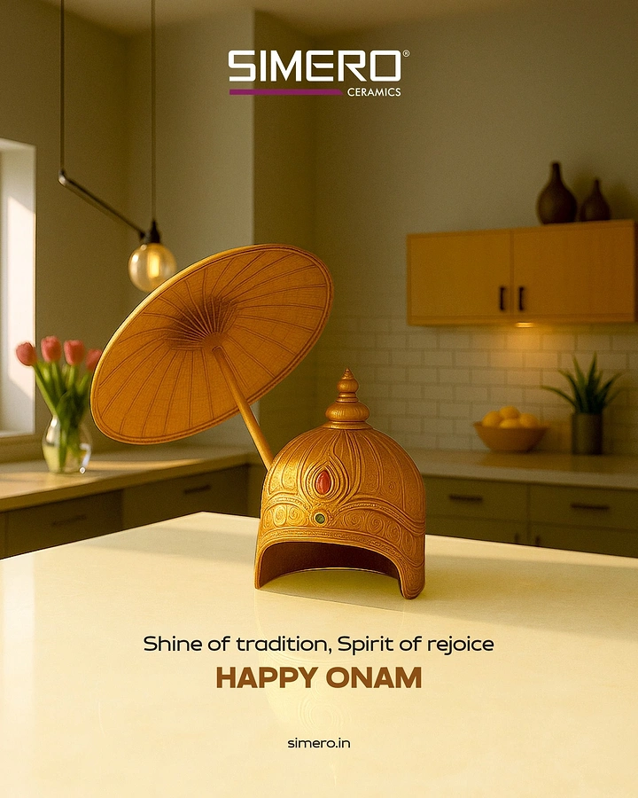 Onam creative ad: Golden Mahabali crown and palm-leaf umbrella on a glossy countertop