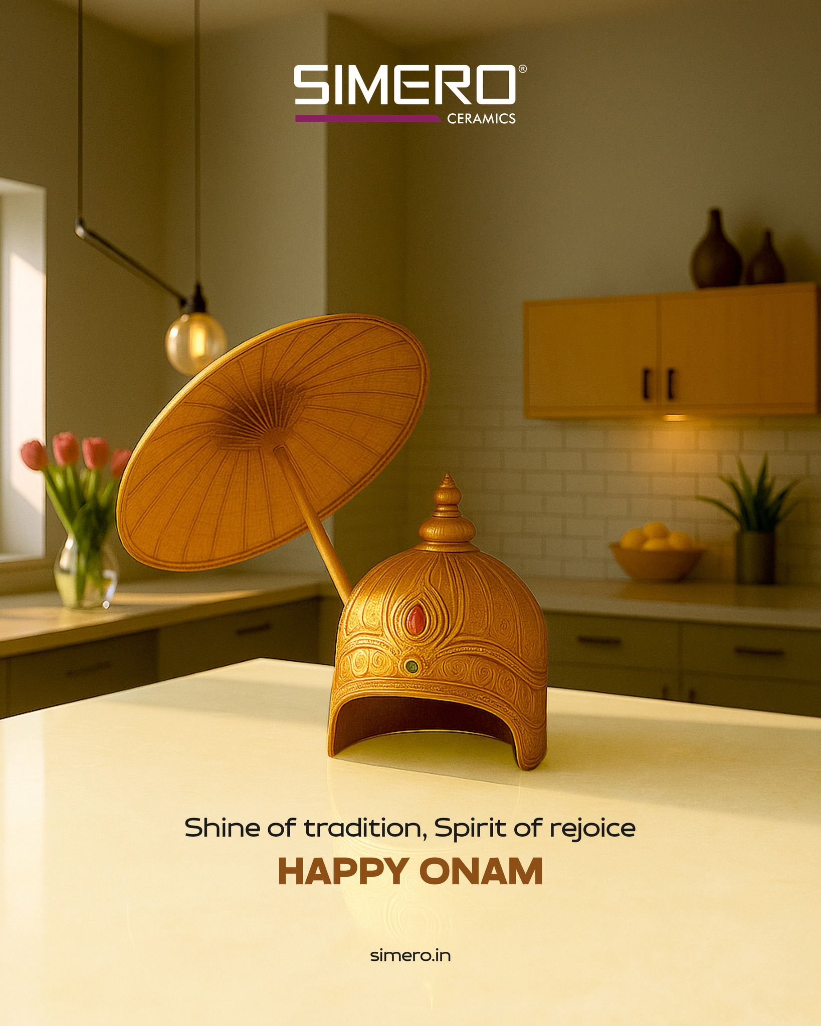 Golden Mahabali crown and palm-leaf umbrella on a glossy countertop