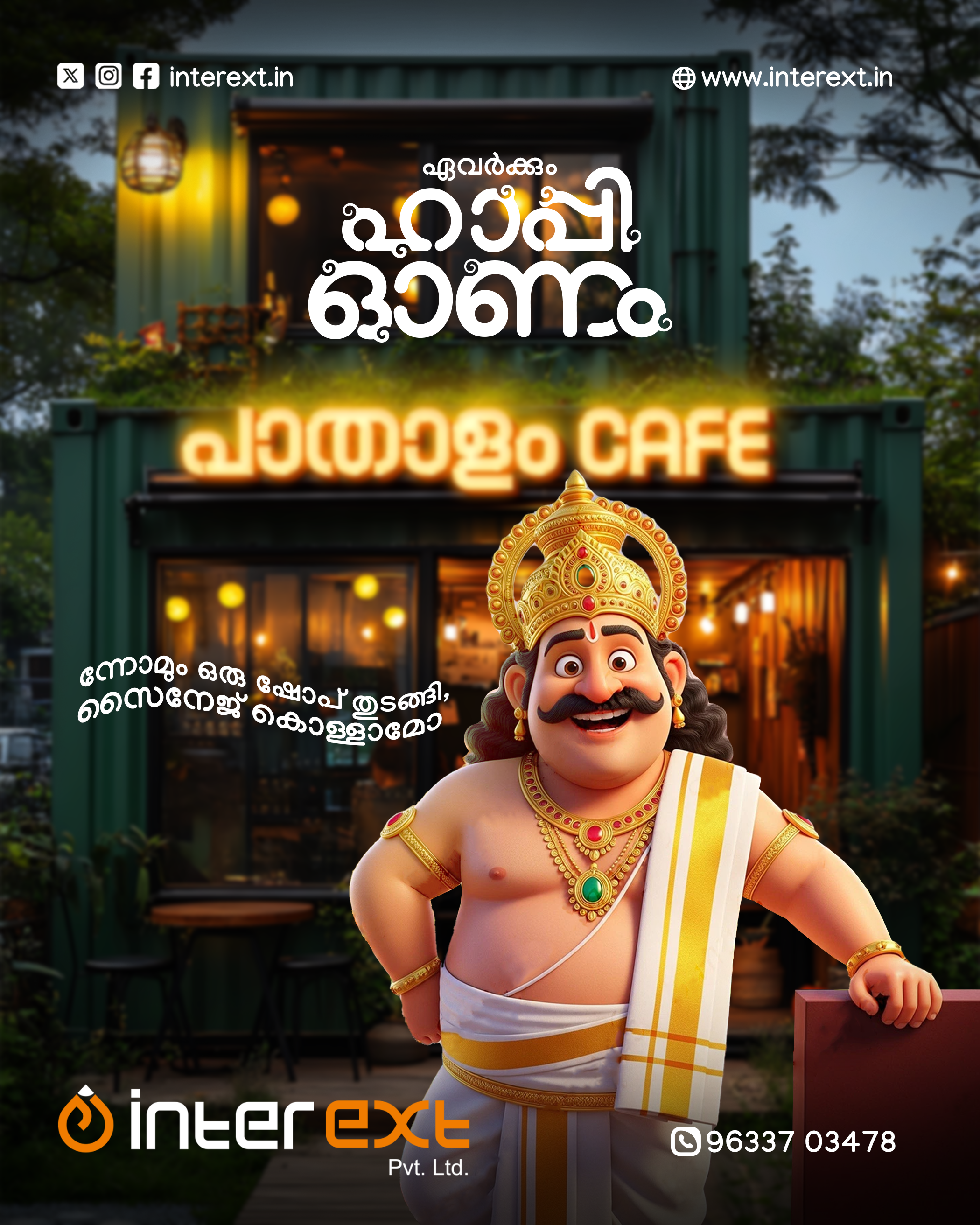 3D cartoon Mahabali leaning in front of a neon-lit container cafe