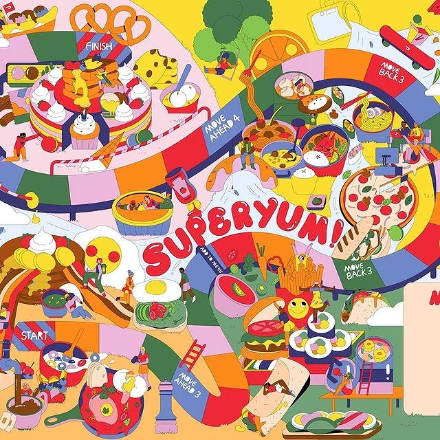 Board Games & Game Cafes creative ad: Food-themed board game map illustration
