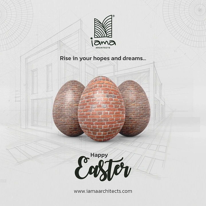 Easter creative ad: Three eggs textured as red brick walls over an architectural sketch