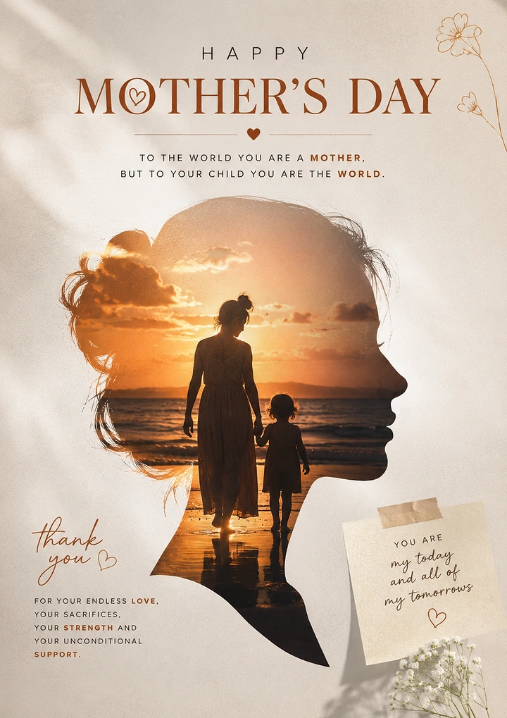 Mother's Day creative ad: Woman's profile silhouette filled with a photo of a mother and child walking on a beach at sunset